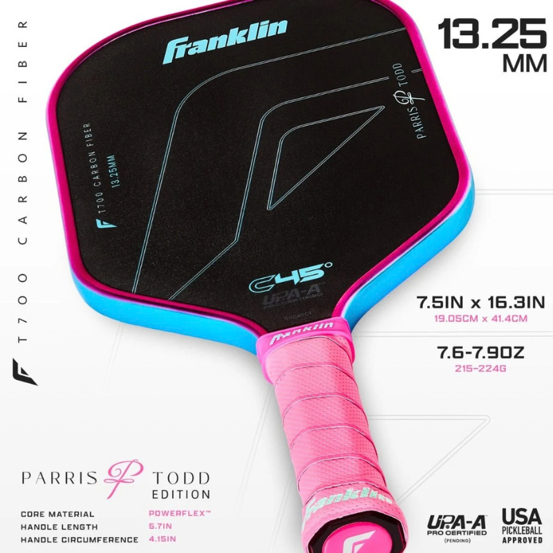 Franklin C45 Parris Todd Signature Carbon Fiber 13.25mm Pickleball Paddle - Hot Pink/Surf Blue