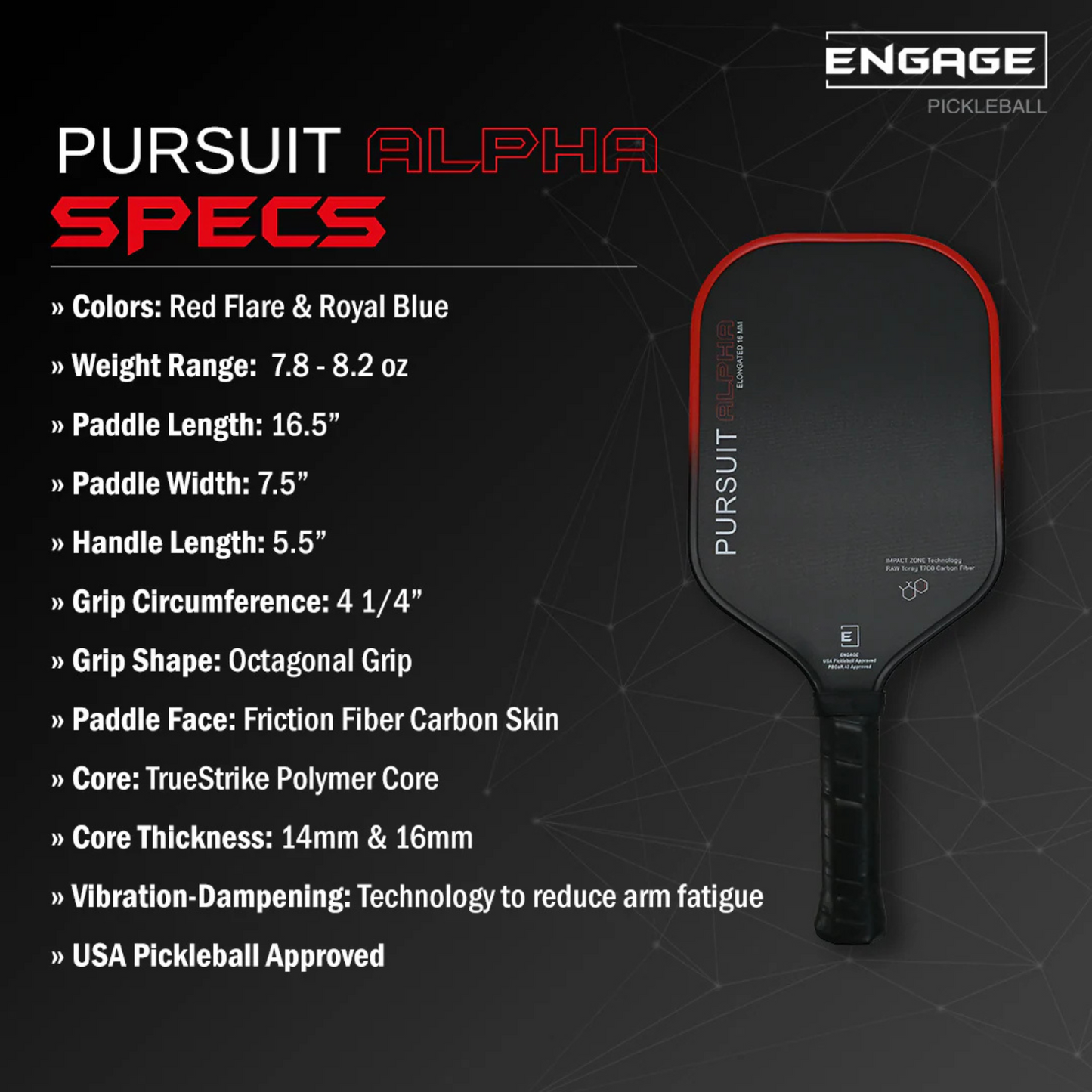 Engage New Pursuit Alpha 14mm Thermoformed Control and Spin Pickleball Paddle