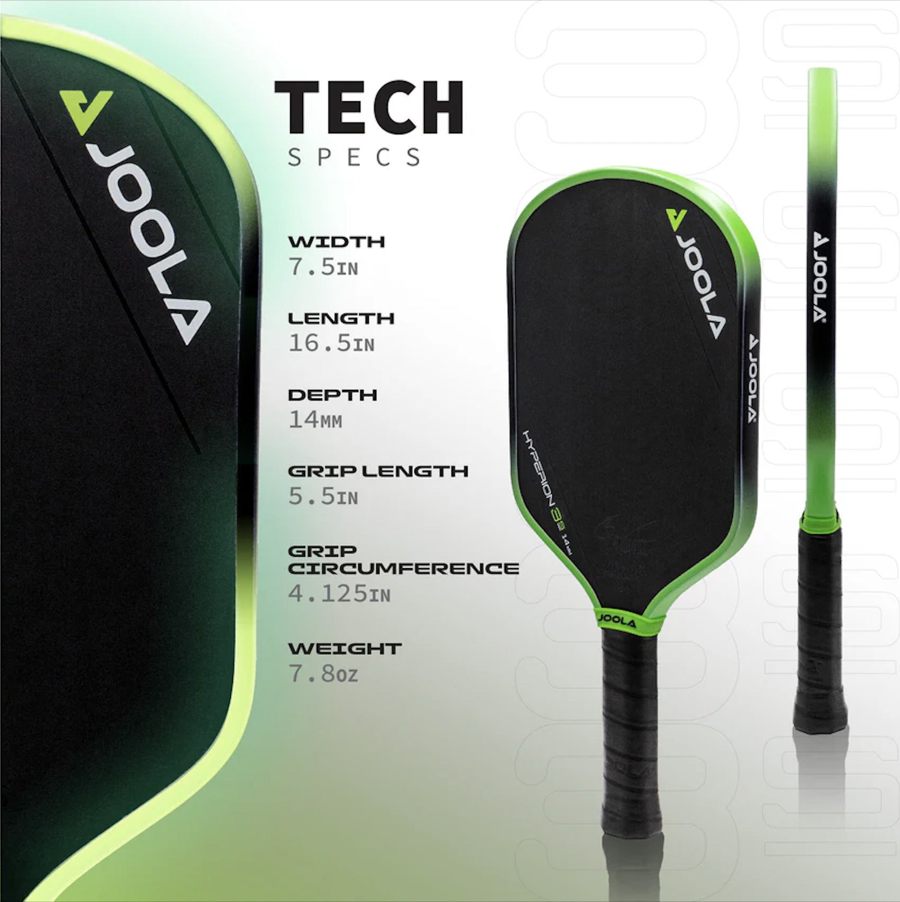 JOOLA Ben Johns Hyperion 3S 14mm Pickleball Paddle Technical Specs