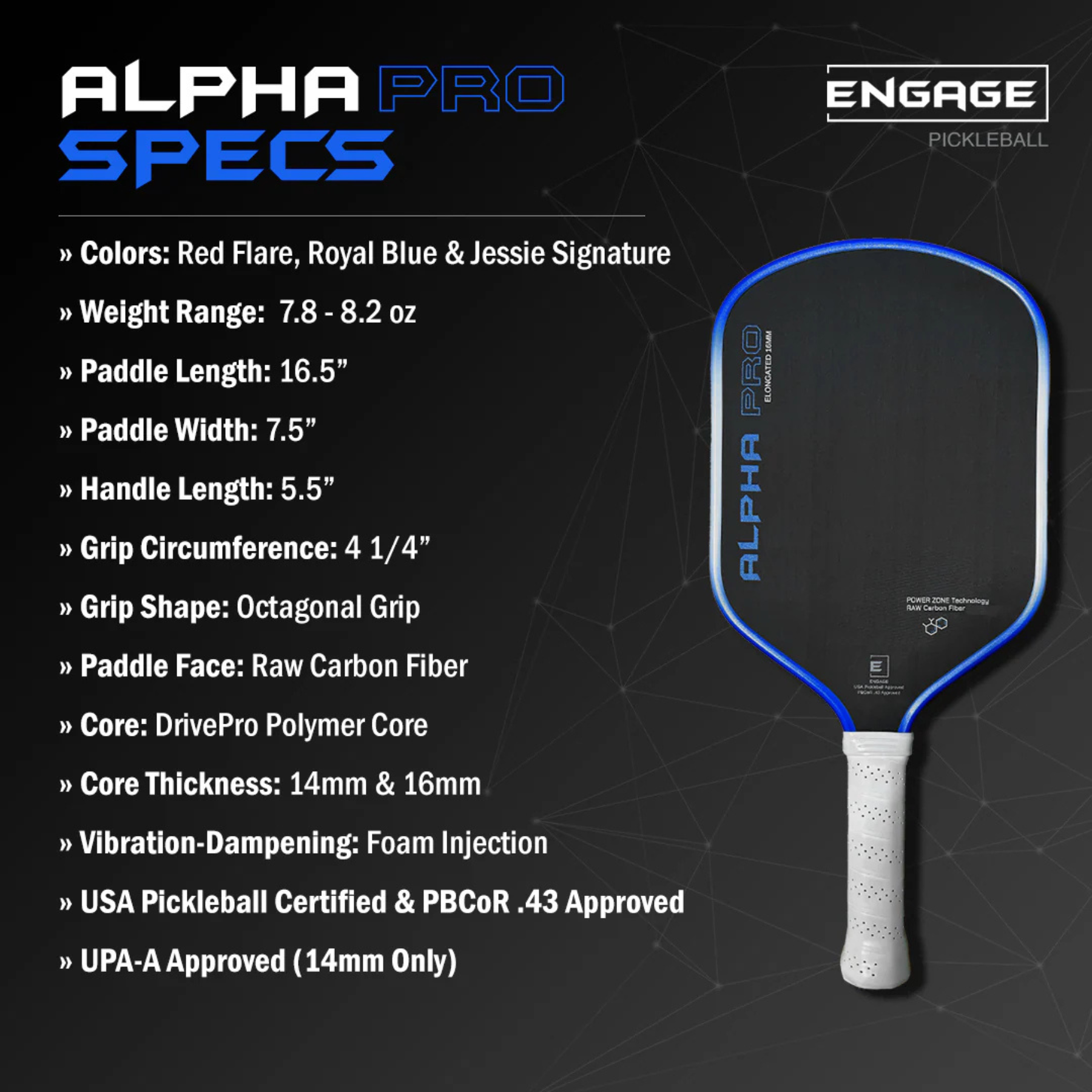 Engage Alpha Pro 16mm Elongated Pickleball Paddle