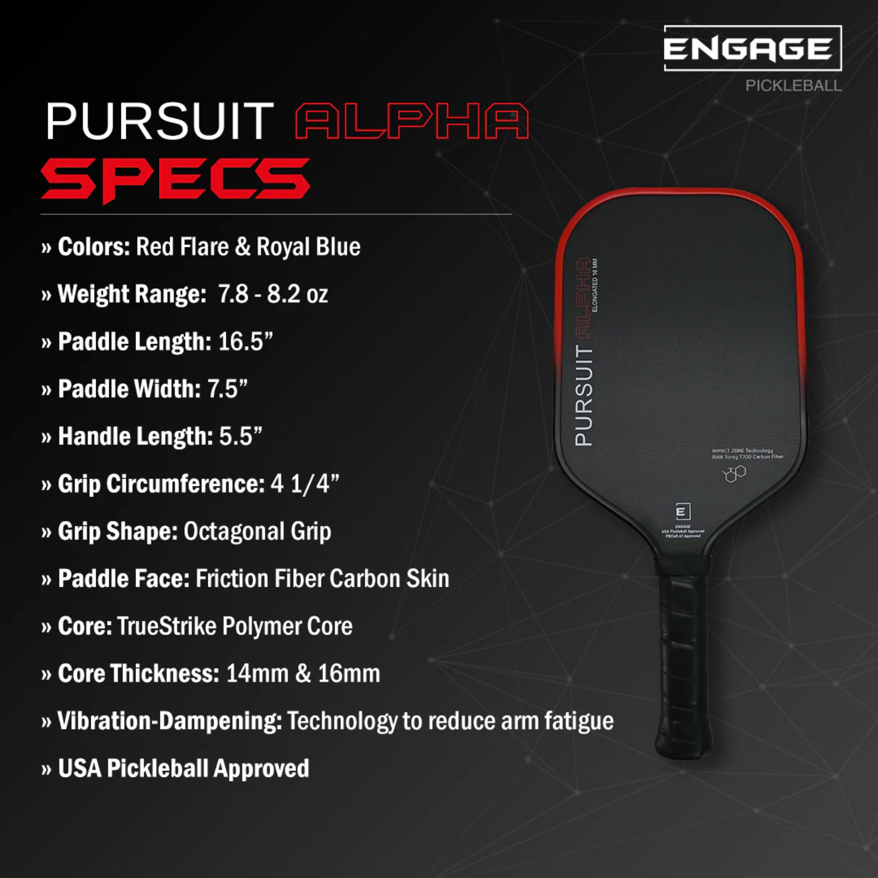 Engage New Pursuit Alpha 16mm Thermoformed Control and Spin Pickleball Paddle